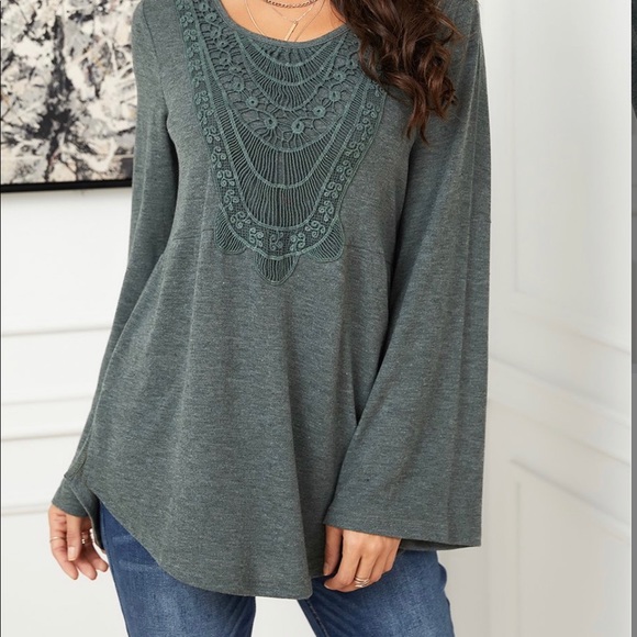 Suzanne Betro Tops - Heather Sage Lace-Trim Babydoll Tunic